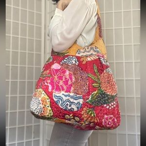 Red/Gold Multi-Colored Cloth Boho Tote Bag w/ Hand-Stitched Detail